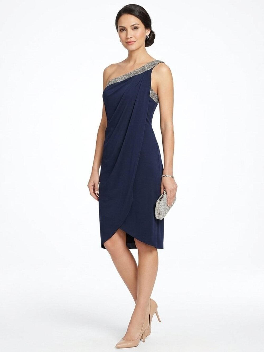 JS Boutique Navy 1 Shoulder Drape Front Silver Beaded Cocktail Dress- Sz. 8